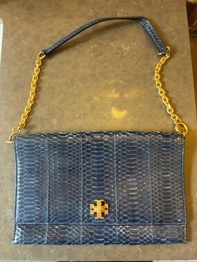 Tory Burch Navy Python-Embossed Leather Shoulder Bag with Gold Chain